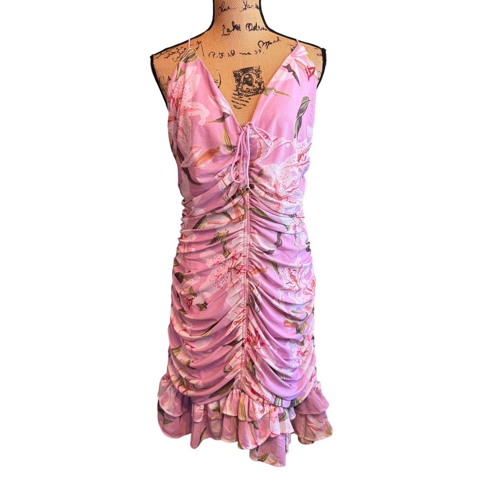 Fashion Nova Womens Floral Ruched Open Back Ruffle Hem‎ Mini Dress Pink Size 3X